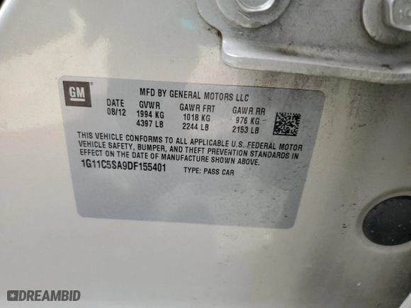 2013 Chevrolet Malibu LT with VIN 1G11C5SA9DF155401, listed as a Copart auction lot 45543485 with NaN miles and Salvage Title. Bid and sale history available at carsss.com. Image 15.