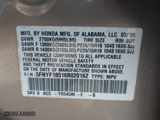 2006 Honda Pilot EX-L with VIN 5FNYF18516B020162, listed as a IAAI auction lot 41799229 with 304,627 mi miles. Bid and sale history available at carsss.com. Image 9.