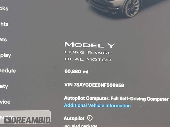 2022 Tesla Model Y Long Range z VIN 7SAYGDEE0NF508958, wystawiony jako IAAI lot #42191819 z przebiegiem 60 880 mil mil oraz . Historia ofert i sprzedaży dostępna na DreamBid. Obrazek 15.