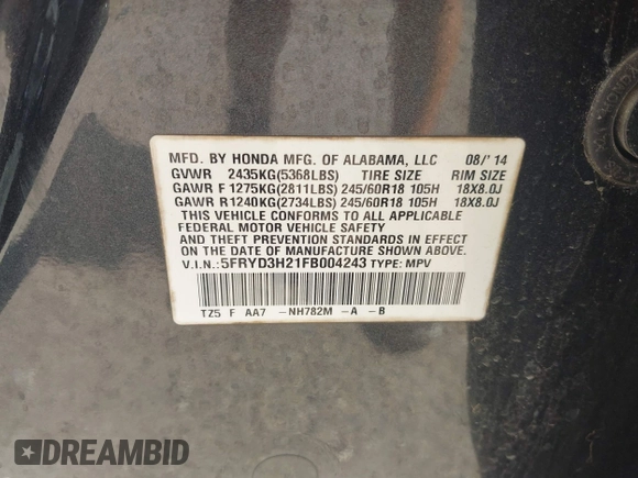 2015 Acura MDX with VIN 5FRYD3H21FB004243, listed as a IAAI auction lot 42581952 with 254,943 mi miles and . Bid and sale history available at DreamBid. Image 9.