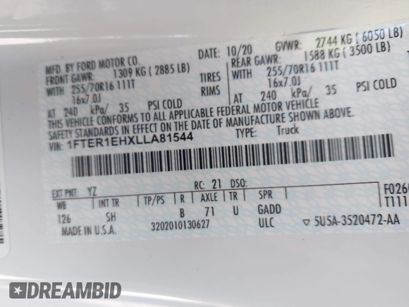 2020 Ford Ranger XL с VIN 1FTER1EHXLLA81544, выставлен на аукционе IAAI как лот 41829050 с пробегом 73 783 миль миль и . История ставок и продаж доступна на DreamBid. Изображение 9.