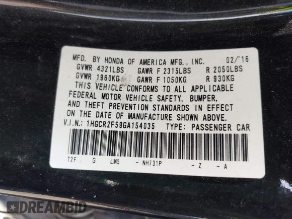 2016 Honda Accord Sport with VIN 1HGCR2F59GA154035, listed as a IAAI auction lot 42714171 with 205,649 mi miles and . Bid and sale history available at DreamBid. Image 9.