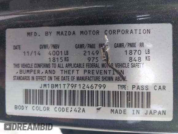 2015 Mazda 3 i SV with VIN JM1BM1T79F1246799, listed as a IAAI auction lot 41785860 with 109,760 mi miles. Bid and sale history available at carsss.com. Image 9.
