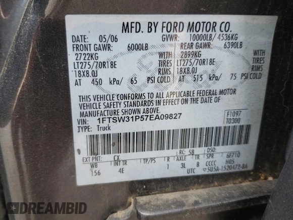 2007 Ford F-350 XL с VIN 1FTSW31P57EA09827, выставлен на аукционе Copart как лот 59171795 с пробегом 308 606 миль миль и Чистый • Clean title. История ставок и продаж доступна на DreamBid. Изображение 12.