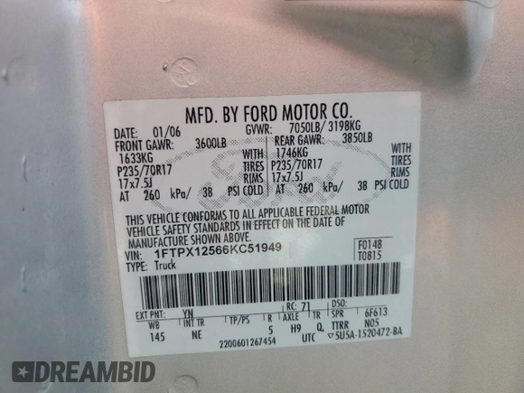 2006 Ford F-150 XLT with VIN 1FTPX12566KC51949, listed as a Copart auction lot 53346765 with 129,284 mi miles and Salvage title. Bid and sale history available at DreamBid. Image 12.