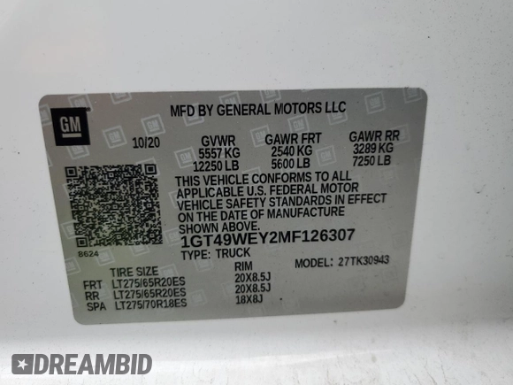 2021 GMC Sierra 3500HD Denali z VIN 1GT49WEY2MF126307, wystawiony jako Copart lot #77030854 z przebiegiem 49 598 mil mil oraz Szkoda całkowita • Salvage title. Historia ofert i sprzedaży dostępna na DreamBid. Obrazek 13.