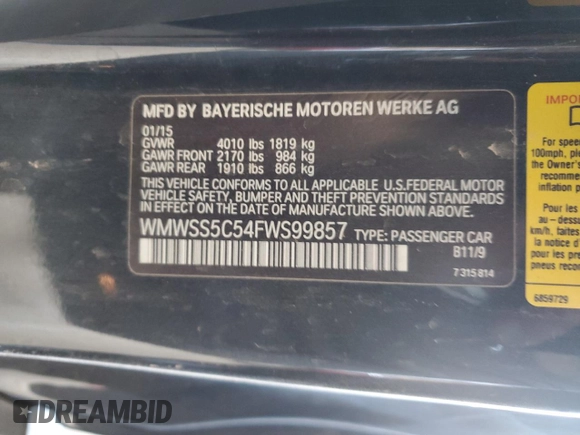 2015 MINI Paceman S with VIN WMWSS5C54FWS99857, listed as a Copart auction lot 54612555 with 65,843 mi miles and Salvage Title. Bid and sale history available at DreamBid. Image 12.