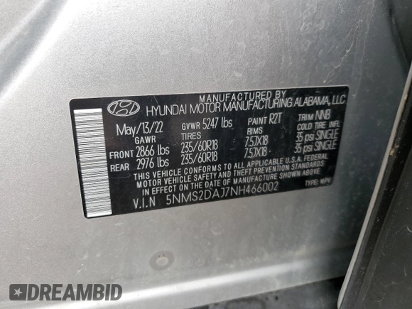 2022 Hyundai Santa Fe SEL z VIN 5NMS2DAJ7NH466002, wystawiony jako Copart lot #57593615 z przebiegiem 44 070 mil mil oraz Szkoda całkowita • Salvage title. Historia ofert i sprzedaży dostępna na DreamBid. Obrazek 14.