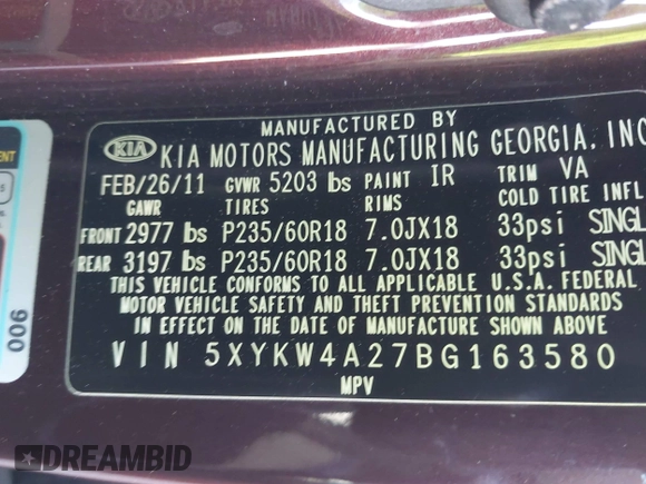 2011 Kia Sorento SX with VIN 5XYKW4A27BG163580, listed as a IAAI auction lot 41987362 with 172,097 mi miles. Bid and sale history available at carsss.com. Image 9.