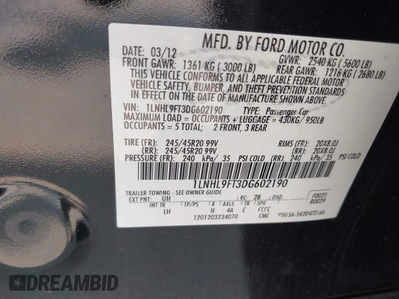 2013 Lincoln MKS EcoBoost with VIN 1LNHL9FT3DG602190, listed as a IAAI auction lot 42483472 with 63,238 mi miles and . Bid and sale history available at DreamBid. Image 9.