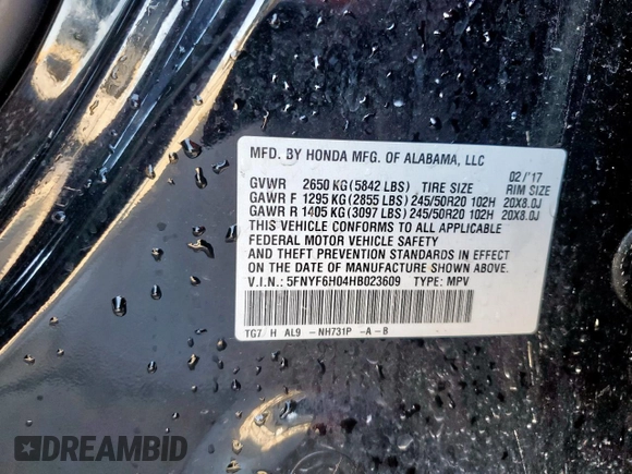 2017 Honda Pilot Elite with VIN 5FNYF6H04HB023609, listed as a Copart auction lot 52235425 with 107,997 mi miles and Salvage Title. Bid and sale history available at DreamBid. Image 14.