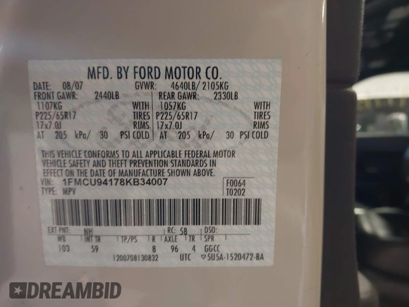 2008 Ford Escape Limited with VIN 1FMCU94178KB34007, listed as a IAAI auction lot 41977959 with 173,648 mi miles. Bid and sale history available at carsss.com. Image 9.