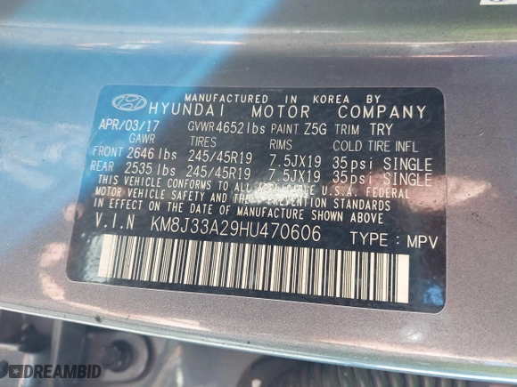 2017 Hyundai Tucson Value with VIN KM8J33A29HU470606, listed as a IAAI auction lot 41575284 with 1 mi miles. Bid and sale history available at carsss.com. Image 9.