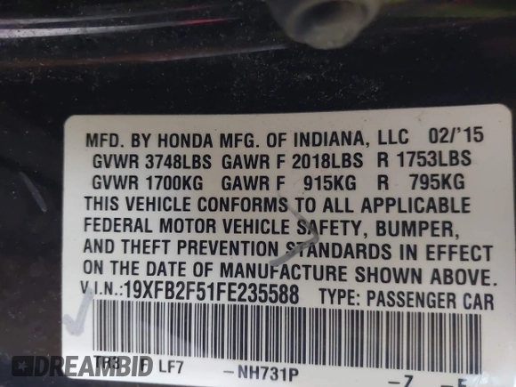 2015 Honda Civic LX with VIN 19XFB2F51FE235588, listed as a IAAI auction lot 42167966 with Not Provided miles and . Bid and sale history available at carsss.com. Image 9.