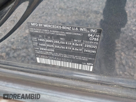 2010 Mercedes-Benz M 350 with VIN 4JGBB8GB5AA610752, listed as a IAAI auction lot 42002417 with 157,900 mi miles and . Bid and sale history available at DreamBid. Image 9.