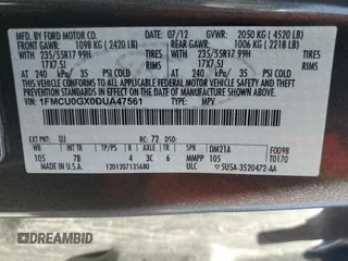 2013 Ford Escape SE с VIN 1FMCU0GX0DUA47561, выставлен на аукционе Copart как лот 58229785 с пробегом 177 339 миль миль и Чистый • Clean title. История ставок и продаж доступна на DreamBid. Изображение 13.