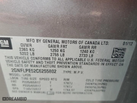 2012 Chevrolet Equinox LT w/2LT with VIN 2GNFLPE52C6255802, listed as a Copart auction lot 85862034 with 0 mi miles and Clean Title. Bid and sale history available at carsss.com. Image 15.