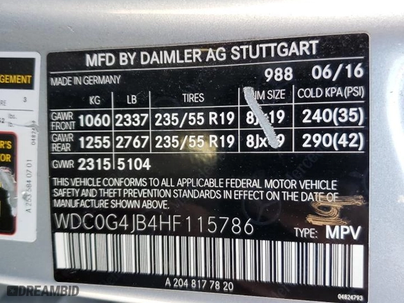 2017 Mercedes-Benz GLC with VIN WDC0G4JB4HF115786, listed as a Copart auction lot 43592495 with 83,687 mi miles and Salvage Title. Bid and sale history available at carsss.com. Image 14.