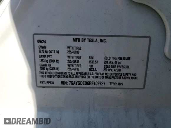 2024 Tesla Model Y с VIN 7SAYGDED6RF109727, выставлен на аукционе Copart как лот 59038725 с пробегом 14 948 миль миль и Списание • Salvage title. История ставок и продаж доступна на DreamBid. Изображение 12.