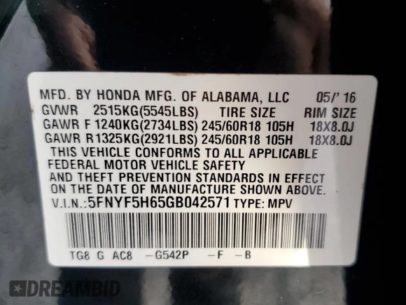 2016 Honda Pilot EX-L z VIN 5FNYF5H65GB042571, wystawiony jako Copart lot #80233734 z przebiegiem 68 985 mil mil oraz Szkoda całkowita • Salvage title. Historia ofert i sprzedaży dostępna na DreamBid. Obrazek 15.
