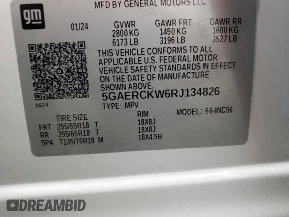 2024 Buick Enclave Premium with VIN 5GAERCKW6RJ134826, listed as a Copart auction lot 75653534 with 19,194 mi miles and Clean Title. Bid and sale history available at carsss.com. Image 14.