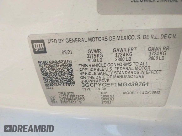 2021 Chevrolet Silverado 1500 Custom Trail Boss with VIN 3GCPYCEF1MG439764, listed as a IAAI auction lot 41868327 with 30,981 mi miles and . Bid and sale history available at DreamBid. Image 9.