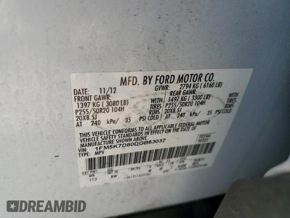2013 Ford Explorer XLT with VIN 1FM5K7D80DGB63037, listed as a Copart auction lot 61870215 with 132,998 mi miles and Salvage title. Bid and sale history available at DreamBid. Image 13.