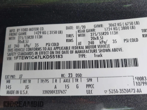 2020 Ford F-150 XL with VIN 1FTEW1C47LKD55183, listed as a IAAI auction lot 41689782 with 67,715 mi miles. Bid and sale history available at carsss.com. Image 9.