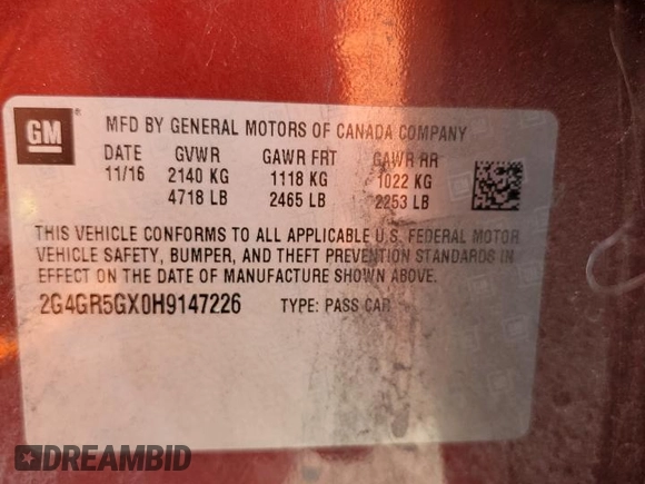 2017 Buick Regal Premium II with VIN 2G4GR5GX0H9147226, listed as a Copart auction lot 72507684 with 51,215 mi miles and Salvage Title. Bid and sale history available at carsss.com. Image 12.