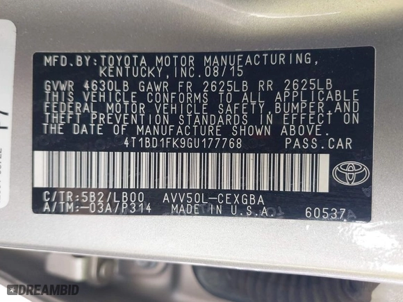 2016 Toyota Camry Hybrid LE with VIN 4T1BD1FK9GU177768, listed as a IAAI auction lot 41796608 with NaN miles. Bid and sale history available at carsss.com. Image 9.