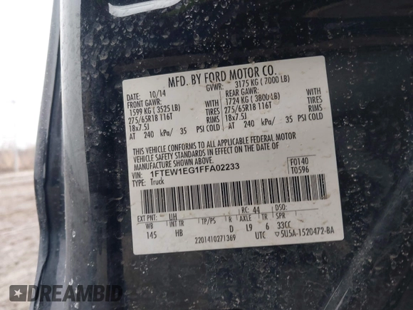 2015 Ford F-150 XLT with VIN 1FTEW1EG1FFA02233, listed as a IAAI auction lot 41497430 with 75,355 mi miles. Bid and sale history available at carsss.com. Image 9.