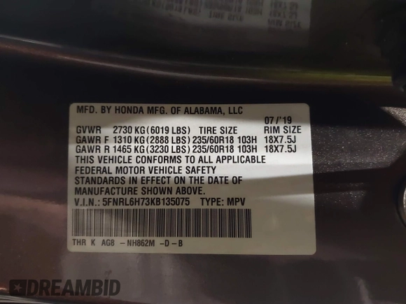 2019 Honda Odyssey EX-L with VIN 5FNRL6H73KB135075, listed as a IAAI auction lot 41908515 with 61,426 mi miles. Bid and sale history available at carsss.com. Image 9.