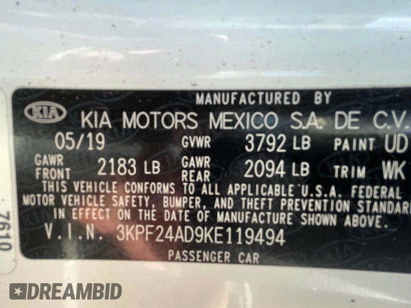 2019 Kia Forte LXS with VIN 3KPF24AD9KE119494, listed as a Copart auction lot 51171085 with 1 mi miles and Clean Title. Bid and sale history available at carsss.com. Image 10.