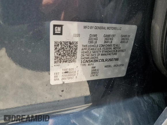2020 Chevrolet Tahoe LT with VIN 1GNSKBKC0LR260766, listed as a Copart auction lot 61465725 with 104,850 mi miles and Salvage title. Bid and sale history available at DreamBid. Image 13.