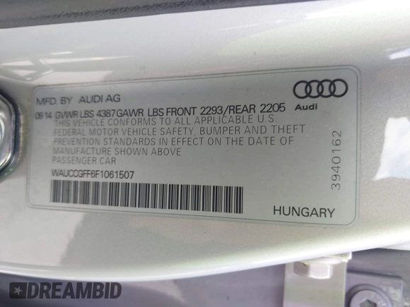 2015 Audi A3 Premium Plus z VIN WAUCCGFF6F1061507, wystawiony jako IAAI lot #42502310 z przebiegiem 131 670 mil mil oraz . Historia ofert i sprzedaży dostępna na DreamBid. Obrazek 9.