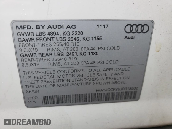 2018 Audi Q3 Premium Plus with VIN WA1JCCFS6JR018502, listed as a Copart auction lot 65271982 with 25,441 mi miles. Bid and sale history available at carsss.com. Image 10.