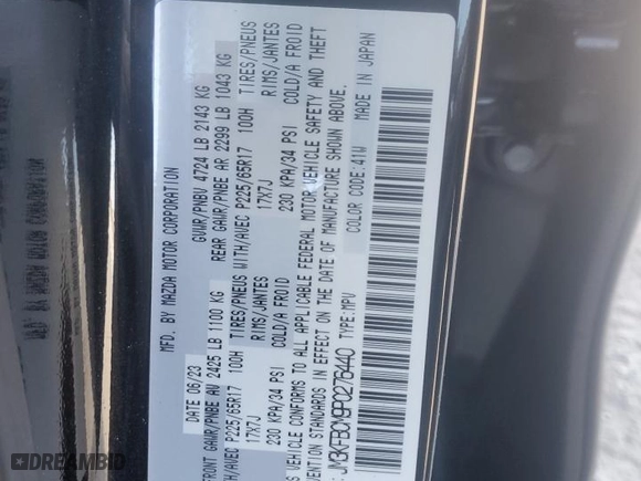 2023 Mazda CX-5 2.5 S Carbon Edition with VIN JM3KFBCM9P0276440, listed as a Copart auction lot 42348835 with 16,477 mi miles and Salvage Title. Bid and sale history available at carsss.com. Image 13.