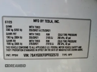 2023 Tesla Model Y Performance with VIN 7SAYGDEF0PF832570, listed as a Copart auction lot 51141415 with Not Provided miles and Non Repairable. Bid and sale history available at DreamBid. Image 13.