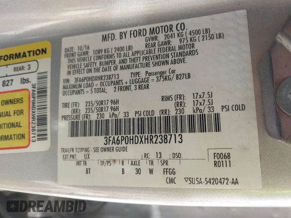 2017 Ford Fusion SE z VIN 3FA6P0HDXHR238713, wystawiony jako IAAI lot #42304140 z przebiegiem 157 630 mil mil oraz . Historia ofert i sprzedaży dostępna na DreamBid. Obrazek 9.