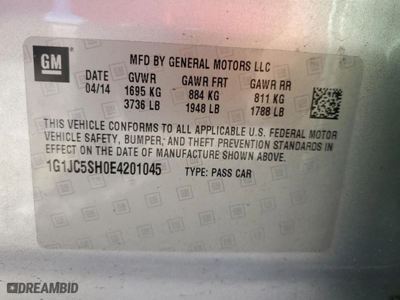 2014 Chevrolet Sonic LT with VIN 1G1JC5SH0E4201045, listed as a Copart auction lot 78713664 with 112,366 mi miles and Salvage Title. Bid and sale history available at carsss.com. Image 14.