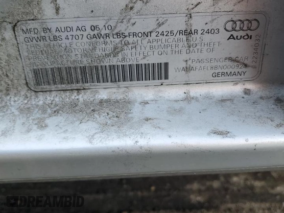 2011 Audi A4 Premium с VIN WAUAFAFL8BN000924, выставлен на аукционе Copart как лот 49418905 с пробегом 107 693 миль миль и Списание • Salvage title. История ставок и продаж доступна на DreamBid. Изображение 12.