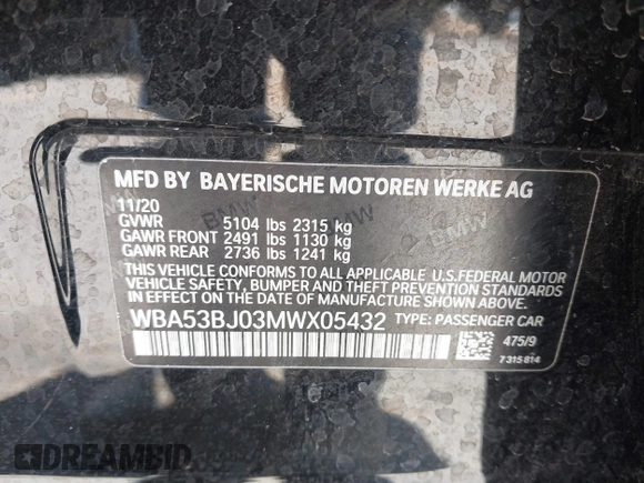 2021 BMW 5 Series 540i with VIN WBA53BJ03MWX05432, listed as a IAAI auction lot 41664361 with Not Provided miles and . Bid and sale history available at DreamBid. Image 9.