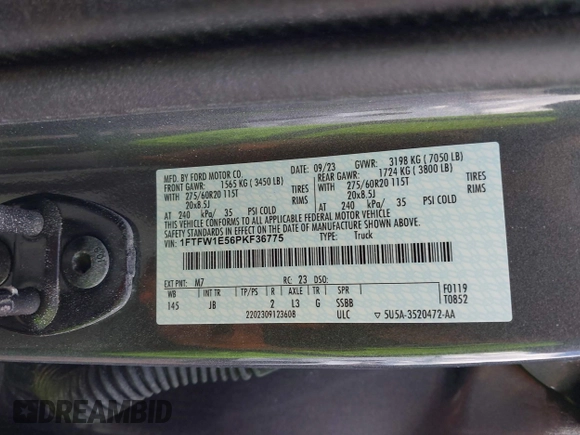 2023 Ford F-150 XL with VIN 1FTFW1E56PKF36775, listed as a IAAI auction lot 42238164 with Not provided miles and . Bid and sale history available at DreamBid. Image 9.