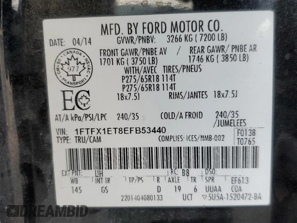 2014 Ford F-150 XL with VIN 1FTFX1ET8EFB53440, listed as a Copart auction lot 49031405 with 156,696 mi miles and Salvage Title. Bid and sale history available at carsss.com. Image 12.