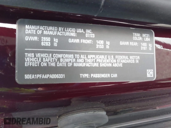 2023 Lucid Air Pure z VIN 50EA1PFA4PA006331, wystawiony jako IAAI lot #42213426 z przebiegiem 13 287 mil mil oraz . Historia ofert i sprzedaży dostępna na DreamBid. Obrazek 9.