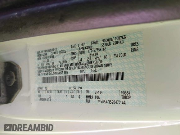2007 Ford Econoline Cargo Commercial with VIN 1FTNE24L57DA53187, listed as a IAAI auction lot 42302365 with Not provided miles and . Bid and sale history available at DreamBid. Image 9.