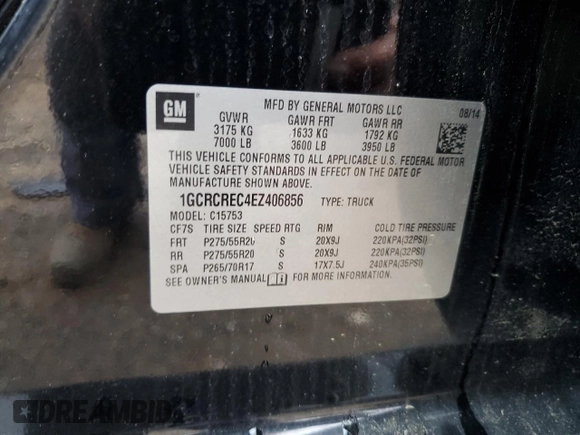 2014 Chevrolet Silverado 1500 LT with VIN 1GCRCREC4EZ406856, listed as a Copart auction lot 57077755 with 251,261 mi miles and Clean Title. Bid and sale history available at DreamBid. Image 12.