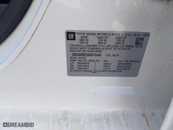 2016 Chevrolet Silverado 1500 LT with VIN 3GCUKREC5GG270446, listed as a IAAI auction lot 41885406 with 20,345 mi miles. Bid and sale history available at carsss.com. Image 9.