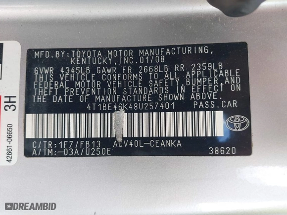 2008 Toyota Camry LE with VIN 4T1BE46K48U257401, listed as a IAAI auction lot 41848269 with 159,348 mi miles. Bid and sale history available at carsss.com. Image 9.