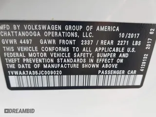 2018 Volkswagen Passat 2.0T S with VIN 1VWAA7A35JC009020, listed as a IAAI auction lot 41955626 with 99,900 mi miles. Bid and sale history available at carsss.com. Image 9.